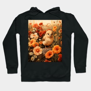 Retro Vintage Art Style Baby Chick in Field of Wild Flowers - Whimsical Farm Hoodie